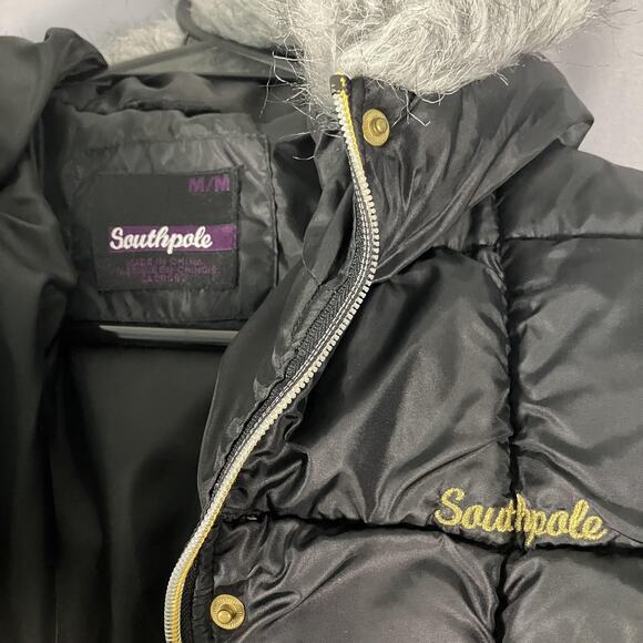 Southpole Coat Womens Medium Black Long Down Puffer Hood Faux Fur Zip Quilted - Picture 11 of 16